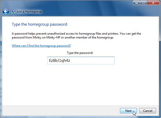 c. Enter the password you recorded when the Homegroup was created and click