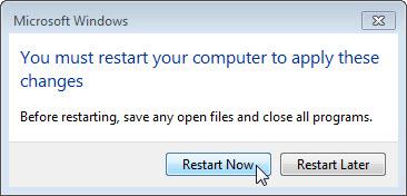 f. Click Close in the System Properties window. Click Restart Now to restart the computer.