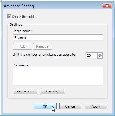 b. Select the Share this folder checkbox, and then click OK. Click Close to close the Example Properties window. c. On the computer with the shared folder, click Start > Control Panel > System.