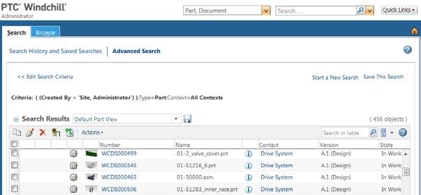Searching in PTC Windchill Select one or more object types (Part and Document are chosen here) and enter your search or select a recent search.
