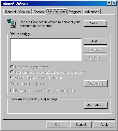 Appendix Proxy setting Select the Internet Options menu from the Tool menu on the web browser and then select Connection tab and press the LAN Settings button.