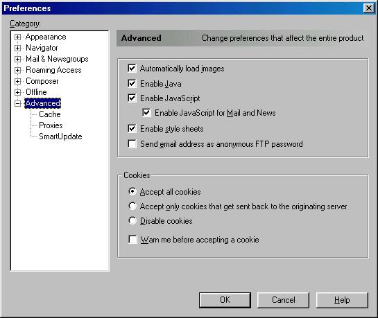 Appendix Netscape Navigator v.4.7 Cookies setting Select the Preference menu from the Edit menu on the web browser and then select the item Advanced in the Category column.