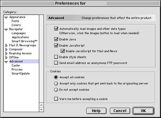 Appendix Netscape Navigator v.4.7 Cookies setting Select the Preference menu from the Edit menu on the web browser and then select the item Advanced in the Category column.