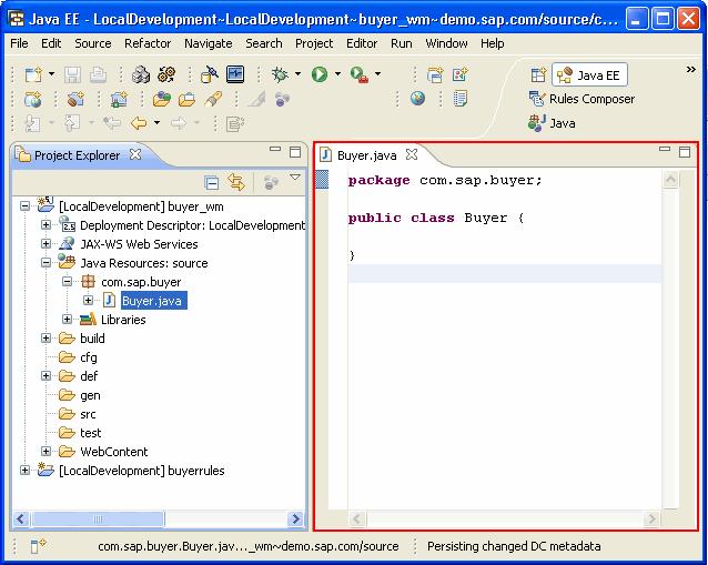 4. Double-click Buyer.java under the com.sap.buyer node. The Buyer.java window appears with the lines as shown below: 5.