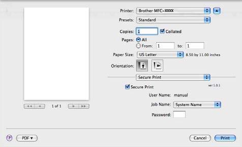 Printing and Faxing Secure Print (Mac OS X 10.5.x to 10.6.x) 7 Secure documents are documents that are password protected when they are sent to the machine.