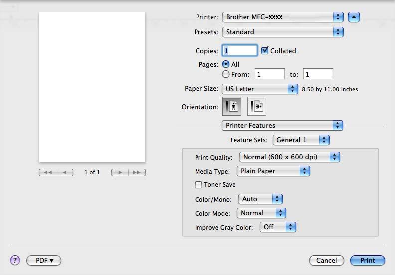 Printing and Faxing (Mac OS X 10.5.x to 10.6.x) Feature Sets: General 1 Print Quality You can choose the following print quality settings. Normal 600 dpi class. Recommended for ordinary printing.