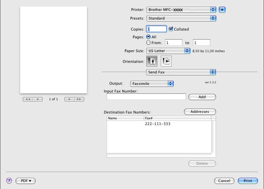 Printing and Faxing d Choose Facsimile from the Output pop-up menu. 7 e Enter a fax number in the Input Fax Number box, and then click Print to send the fax.