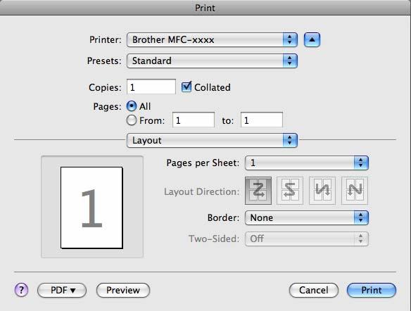 ControlCenter2 (Mac OS X 10.3.9 to 10.4.x) To copy, choose Copies & Pages from the pop-up menu. To fax, choose Send Fax from the pop-up menu.