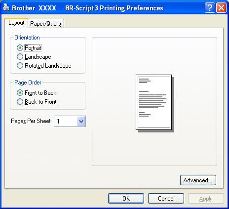 Printing Features in the BR-Script (PostScript 3 language emulation) printer driver 1 1 For more information, see the Help text in the printer driver. The screens in this section are from Windows XP.