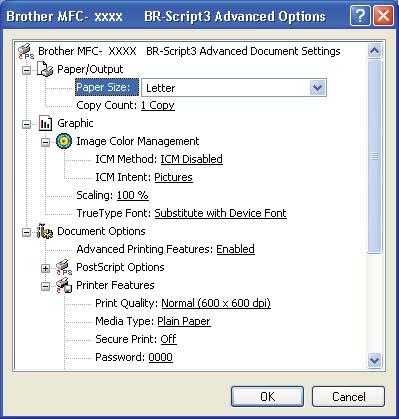 Printing Advanced options 1 You can access the Advanced options by clicking the Advanced... button on the Layout tab or Paper/Quality tab. 1 (1) (2) a Choose the Paper Size and Copy Count (1).