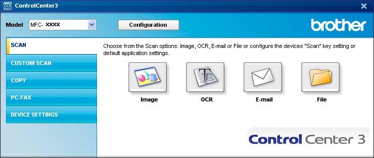 ControlCenter3 SCAN 3 There are four scan options: Scan to Image, Scan to OCR, Scan to E-mail and Scan to File.