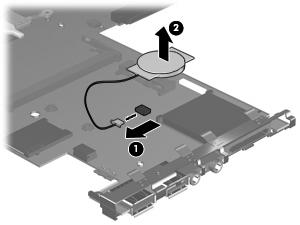 3. Remove the RTC battery (2) from the socket on the system board.