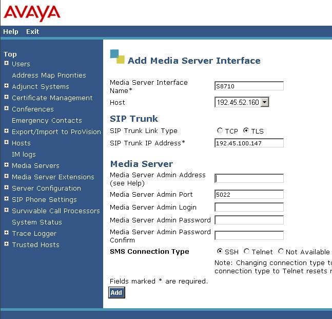 4. At the Add Media Server Interface page, provision SIP Trunk parameters for connectivity to Avaya Communications Manager as follows: Media Server Interface Name Any Descriptive name SIP Trunk Link