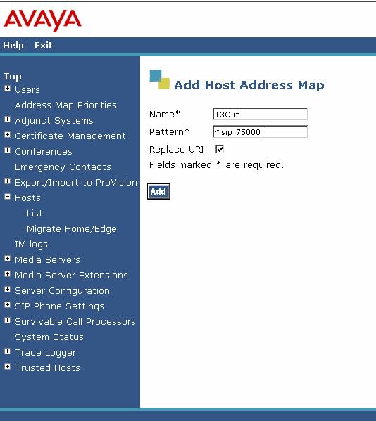 7. On the Add Host Address Map page configure as follows: Name Any descriptive name. Pattern Expression to match the beginning of the SIP URI.