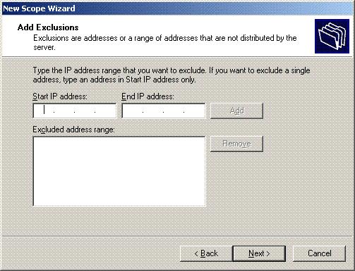 13. On the IP Address Range page, enter the start and end IP addresses for the scope, and click Next. 14.