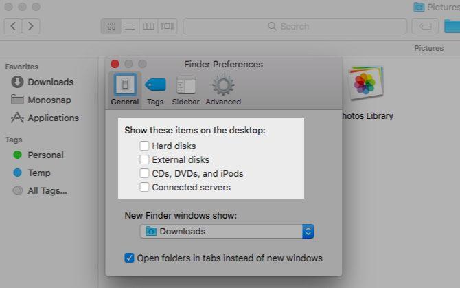 Desktop Icons A Finder setting controls the visibility of desktop items like hard disks and external drives.