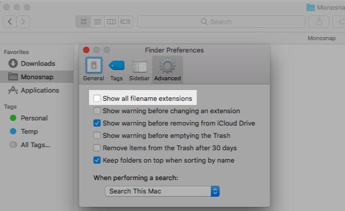 File Extensions If you want Finder to hide extensions from filenames, disable Show all filename extensions from Finder > Preferences > Advanced.