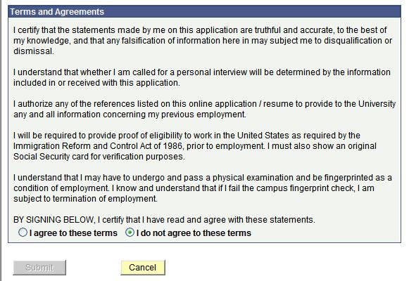 Scroll to the Terms and Agreements Section on the Submit Online Application Page, read the Terms and Agreements carefully.