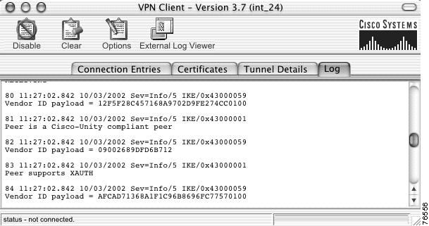 Event Logging Chapter 7 Managing the VPN Client Figure 7-7 Event Log Each VPN session contains at least one log entry; the connection history.