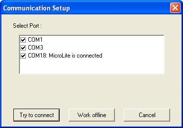 Figure 5: Communication Setup dialog box The selected COM ports are available for communication. 1. Click Try to connect to establish communication. 2.