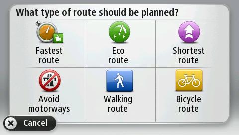 Selecting a route type Every time you plan a route, you can choose to be asked about the type of route you want to plan.