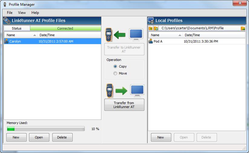 LinkRunner AT button to transfer the file to the PC The new Profile will show up in Local Profiles