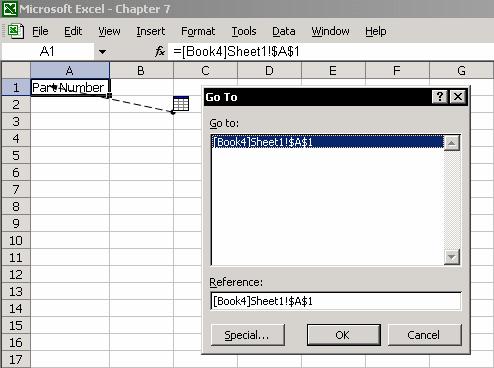 Chapter 7: Formulas 102 Moving to a precedent cell / moving to a dependent cell Moving to a precedent cell Select Cell A1 and click the Trace precedents icon on the Auditing Formulas toolbar.