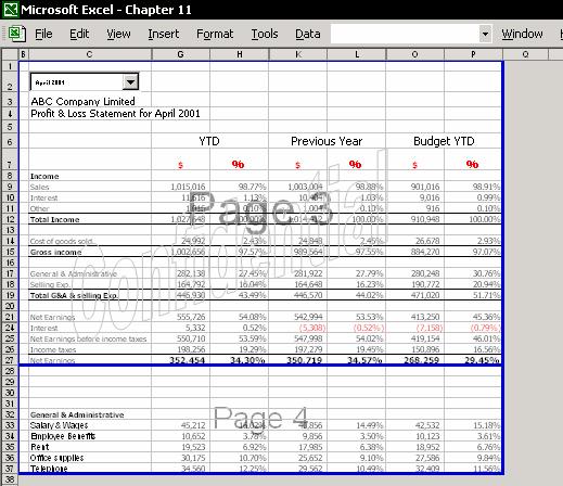 Chapter 11: Printing 179 Page break When you set the print area in a sheet that has more than one page to be printed, Excel divides the print area over individual pages.