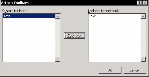 Chapter 13: Customizing Excel 222 1. In the Customize dialog box, select the Toolbars tab. 2. Select Attach. 3. In the Attach Toolbars dialog box, select the toolbar you want from Custom toolbars. 4.