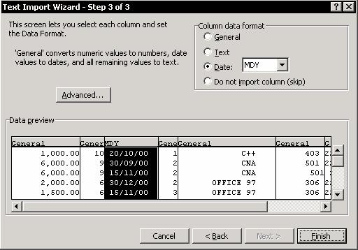Chapter 16: Importing Text Files 249 Text Import Wizard Step 2 of 3 Step 2 of 3 enables you to organize your data into columns. 1. Separate the data into columns by selecting one of the options.