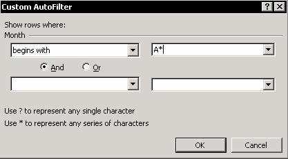 Chapter 18: Filtering 267 Filtering by wildcard text characters Example: Filter a customer list in which the first character is A. In the Custom AutoFilter dialog box, open the options from the list.