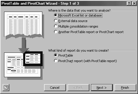 Chapter 22: PivotTable 353 In Step 1 of 3, for What kind of report do you want to create, select the second option, PivotChart Report (with PivotTable report).