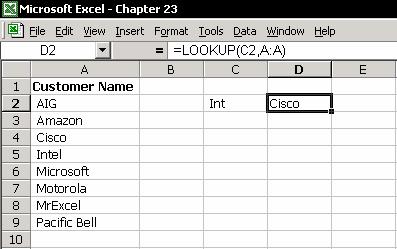 Chapter 23: Using Functions and Objects to Extract Data 361 In the second argument box, paste the Name for the cell range, or select the cell range (vertical range only) in the worksheet in which you