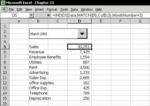 Chapter 23: Using Functions and Objects to Extract Data 380 Step 3: Enter the INDEX function Enter the INDEX function in cell D5 (see figure).