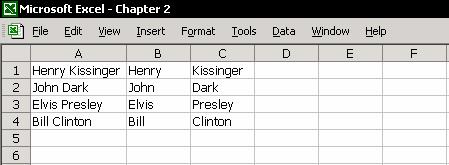 Chapter 2: Text 42 Separating first name and last name without using formulas The cells in Column A contain a list of names, first name and last name. 1.