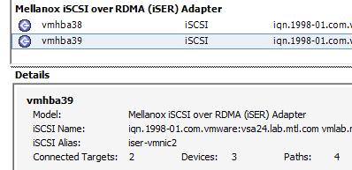 The iscsi Software adapter and the Mellanox iser adapters, one for each port will be displayed.