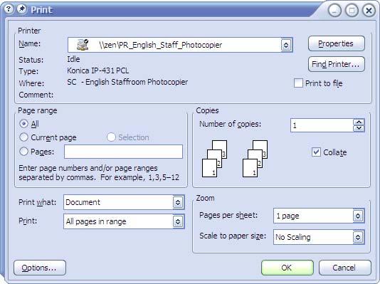 Exercise 8. Printing a Document 1) From the File menu select Print (or press [Ctrl] [P]). The Print dialog box will appear with the printing options. Some of these options are briefly explained below.