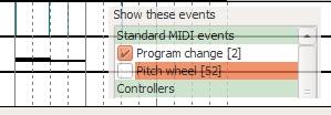 The events are grouped into Standard MIDI events, Controllers and Meta events. Only event types actually found in the file are shown.