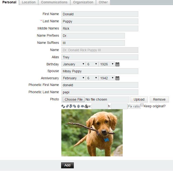52 Example of Filled Out Contacts Entry (Dog Photo courtesy of
