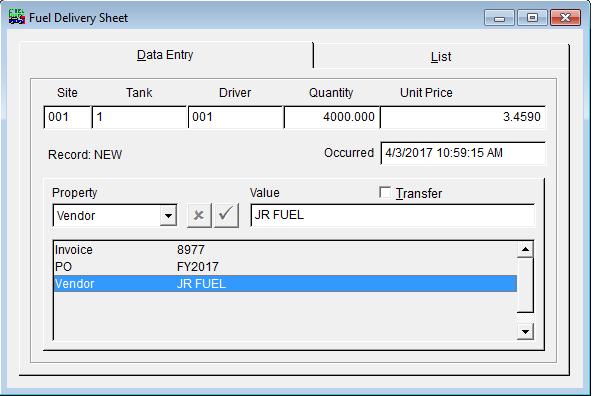 FUEL DELIVERY SHEET Choosing Deliveries from the Manual Data Entry option of the Database menu bar accesses the FuelForce Fuel Delivery Sheet Entry Form shown below.