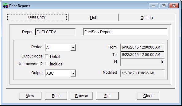 REPORTS All of the FuelForce reports are accessed the same way 1. Go to FILE PRINT REPORTS 2. Click on the LIST tab 3. Scroll through the list and highlight the report you want to run 4.