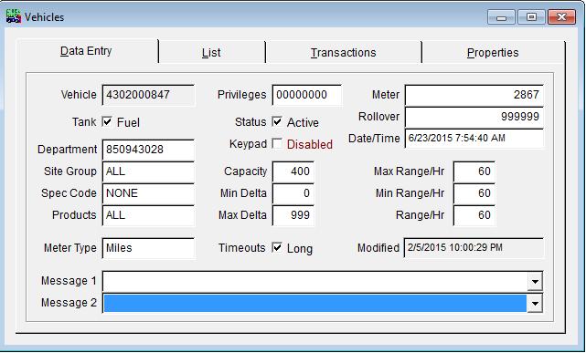 VEHICLES Choosing Vehicles from the Database menu bar accesses the FuelForce Vehicles Entry Form shown below. Vehicles Entry Form This form adds or changes records in the Vehicle_Master Table.