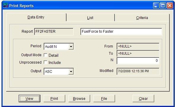 EXPORT TRANSACTIONS TO YOUR EXISTING SOFTWARE PACKAGE (EXAMPLE SHOWN FOR FASTER FLEET) The FF2FASTER report will create the file that is needed to get the fuel transactions in to the FASTER fleet