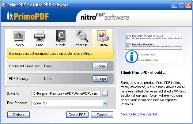 Setting PrimoPDF Custom Preferences Customizing your PDF output PrimoPDF enables you to customize your PDF files by configuring a number of PDF output options. To configure PrimoPDF Custom Settings 1.