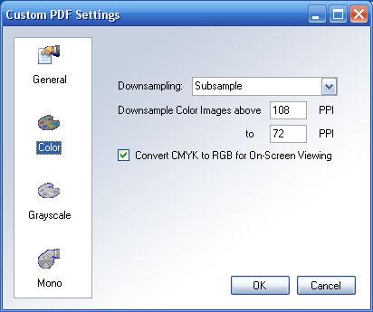 Color Image Settings The Color pane enables you to set options to be used in creating a PDF that contains color images. Figure 17. Color Images Downsampling.