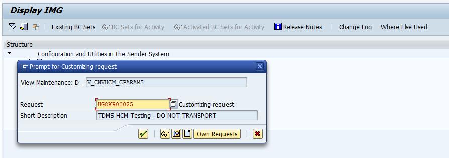 Figure 22: The Transport Request Box You can save your entries to an existing customizing request or add