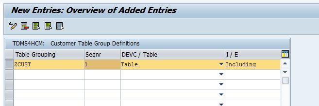 Figure 25: Defining Tables for Table Transfer Groups Example Table Grouping : ZCUST Seqnr : 1 Devc/table: Table I/E : Including Option: Equals Lower value: ZPTEX2010 Object Typ : P Field Name: PERNR