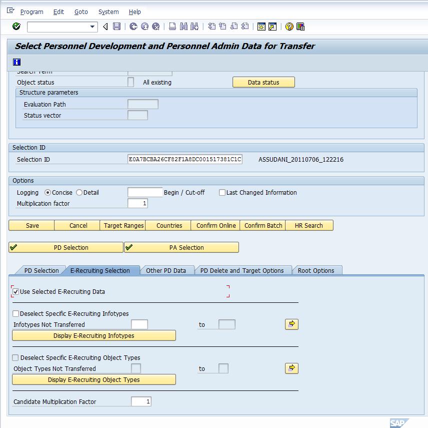 Figure 57: Selection of E-Recruiting Data To select HCM process and forms data: On the PA Selection tab page, choose Other PA Data