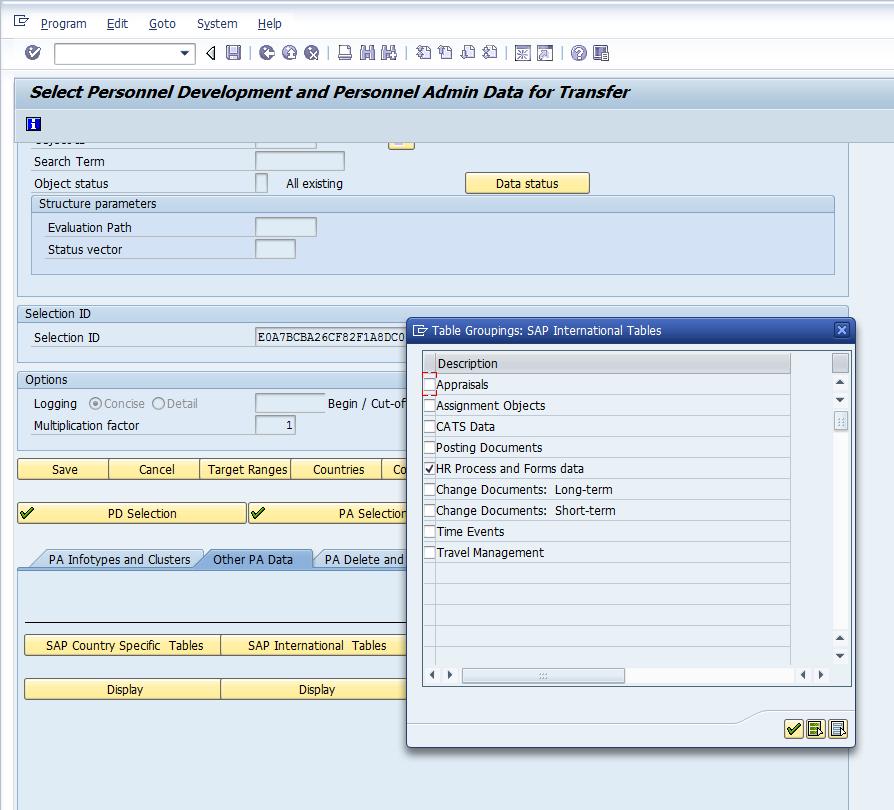 Figure 58: Selection of HCM Process and Forms data To select payroll and infotype data: Select the Transfer Master Data and Transfer Cluster Data checkboxes.