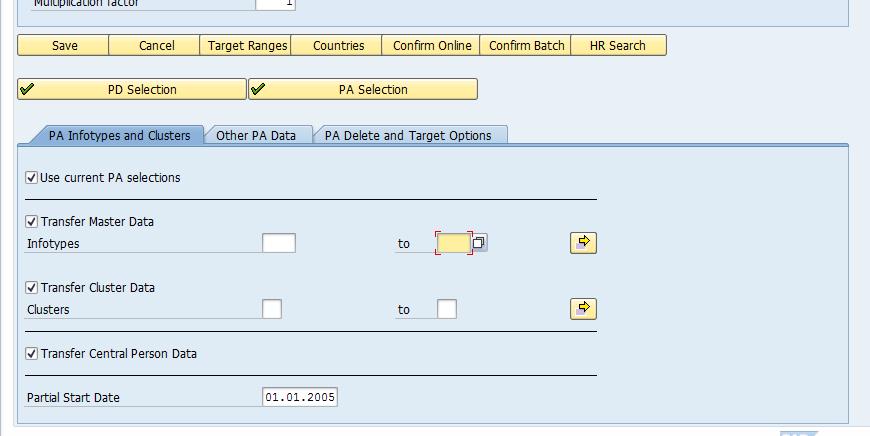 However, if you want to transfer specific infotypes and clusters, select the checkboxes and specify the objects in the selection fields.